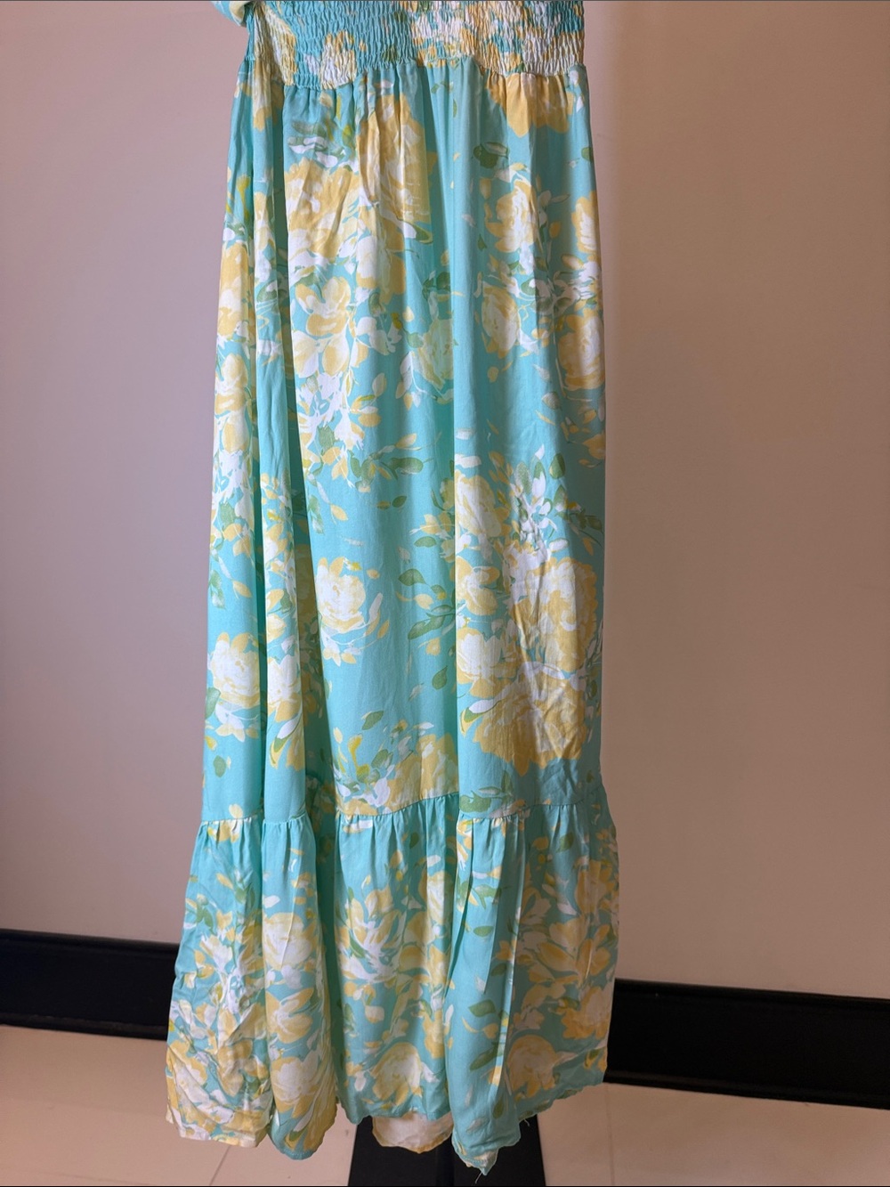 Hello Molly Floral Halter Maxi Dress Smocked Waist Turquoise Yellow | Size 6 (M) - Picture 5 of 8
